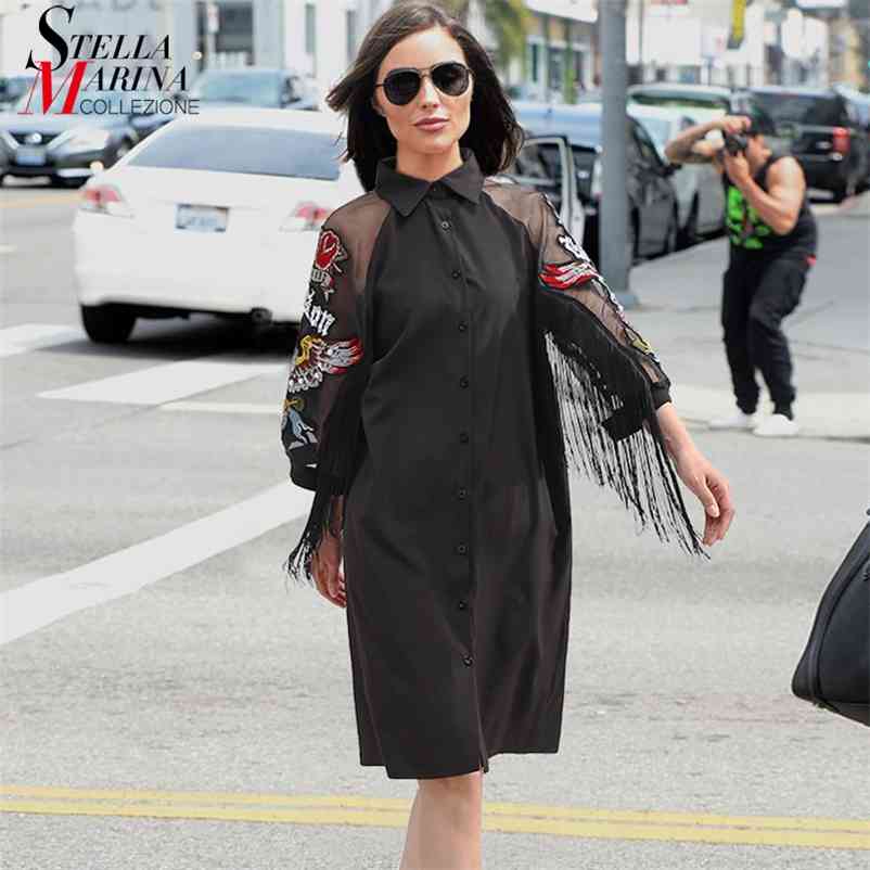 New Woman Plus Size Black Casual Shirt Dress 3/4 Mesh Sleeves Eagle Embroidery Fringe Ladies Midi Straight Party Dress Robe 3398 210409