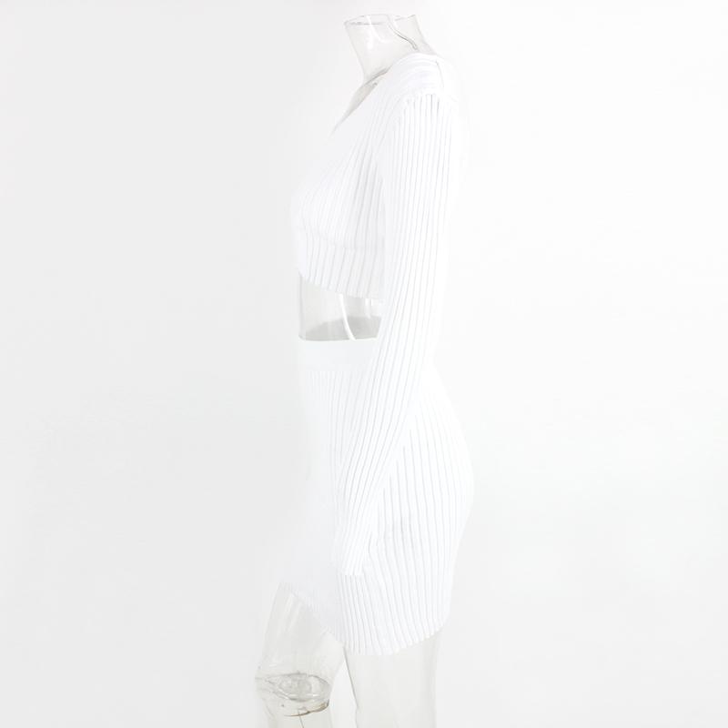 Fuedage White 2 Piece Set Women Knitted Suit Crop Top Mini Dress Long Sleeve Two V Neck Female Matching Outfits