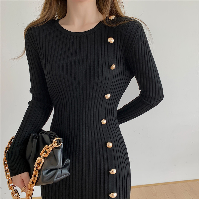 Autumn Winter Bottoming Dress Elegant Slim-fit Long Knitted Women OL Style Package Hip Fishtail es 210421