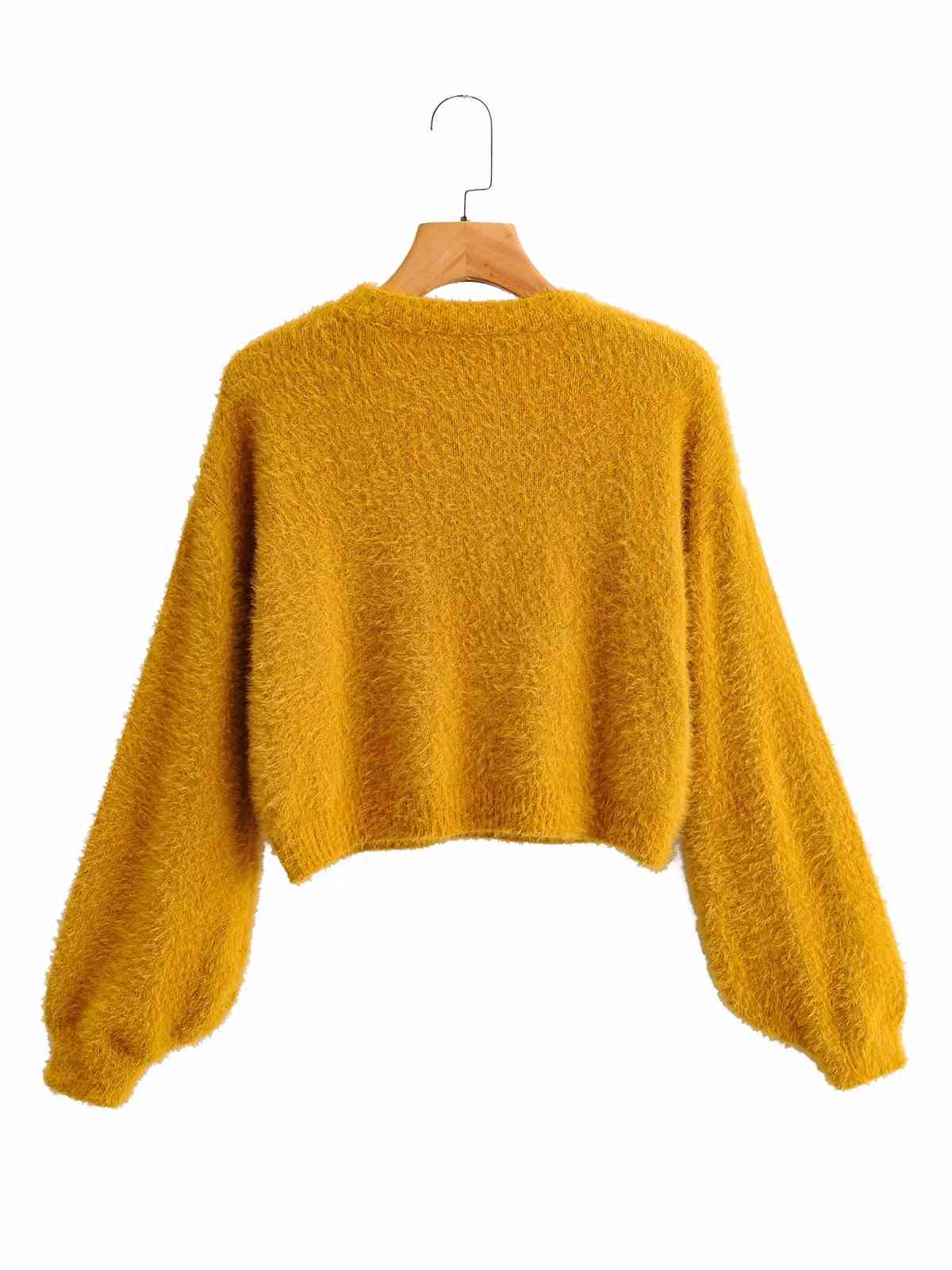 Foridol knitted cropped pullover sweater women autumn winter vintage lantern sleeve yellow fuzzy short jumper fluffy pull 210415