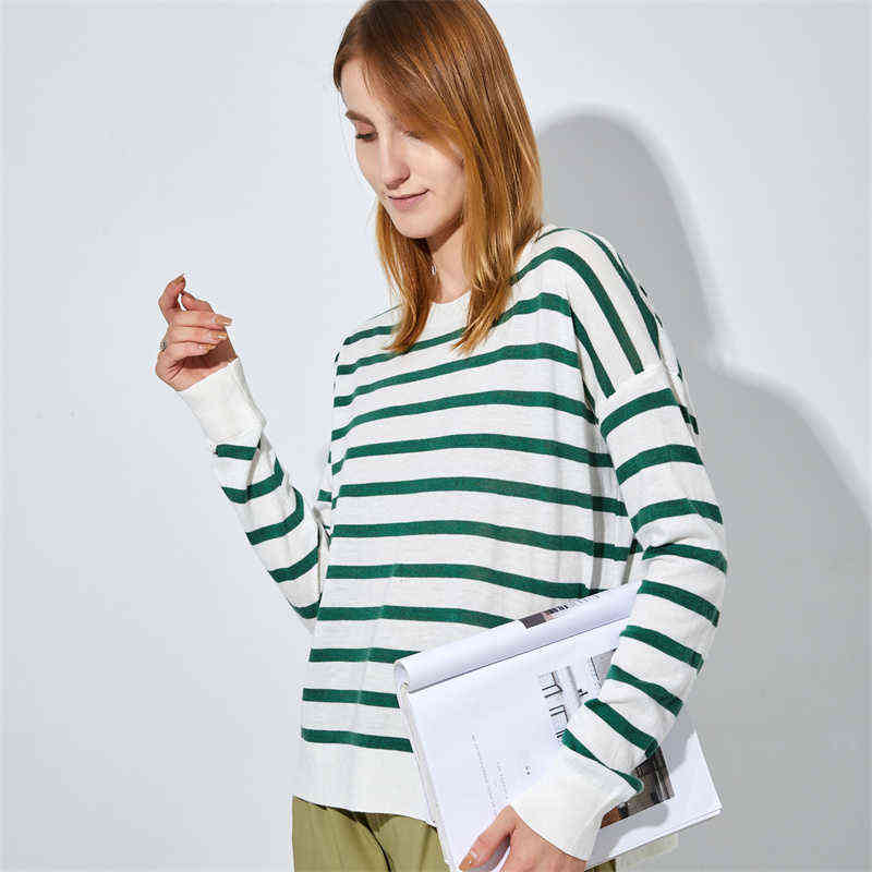GCAROL Women Color Spliced Stripes Sweater Drop Shoulder Loose Elegant Knit Pullover Soft Stretch Spring Autumn Winter Jumper 211109