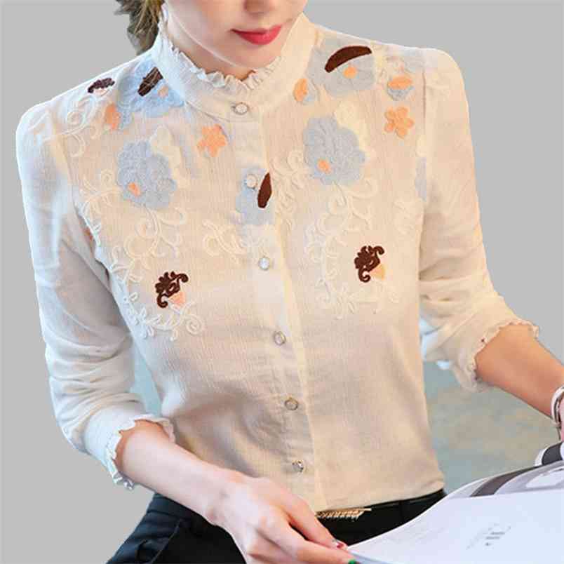 Arrival Spring Autumn Fashion Women Shirt Plus Size Long Sleeve Embroidery Blouses All-matched Casual Chiffon Shirts D198 210512