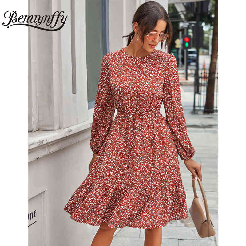 Round Neck Keyhole Back Ruffle Hem Dress Women Floral Print High Waist Long Sleeve Holiday Elegant Knee Length 210510