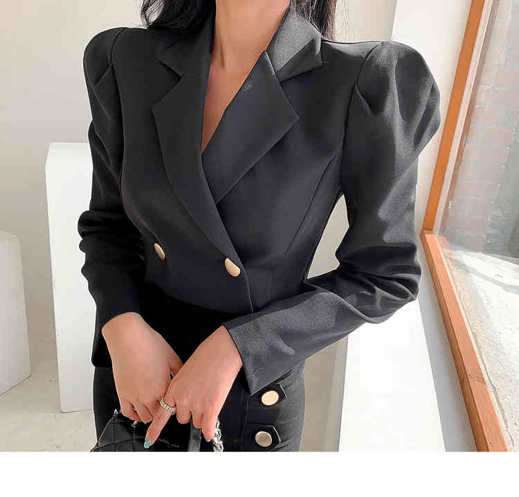 Korean Spring Women 2 Piece Set Office OL Elegant Notched Long Sleeve Crop Top+High waist Bodycon Sexy Split Midi Skirt Outfits 210519