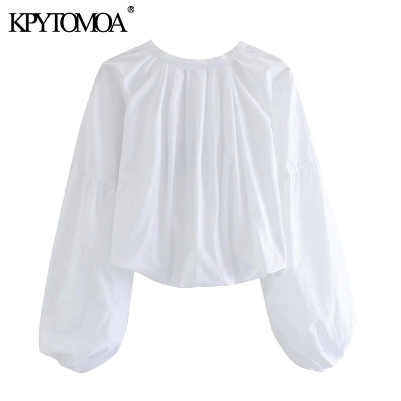 KPYTOMOA Women Fashion With Covered Buttons Cropped Blouses Vintage O Neck Lantern Sleeve Female Shirts Chic Tops 210401