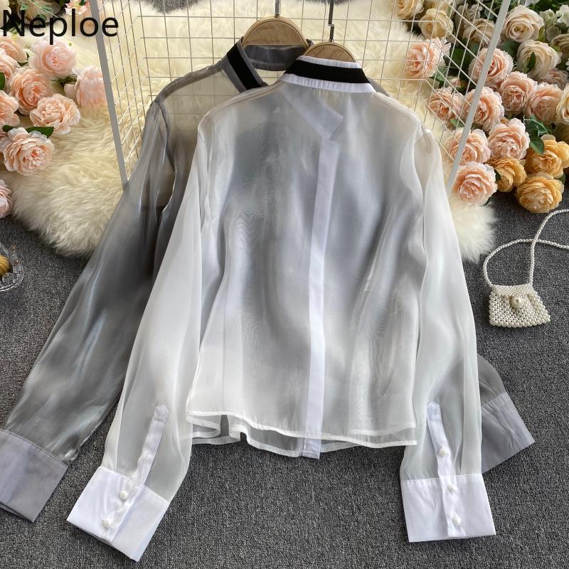 Neploe Spring Elegant Women Blouses Chic Sequined Bow Tie Shirt See Through Office Lady Tops Blusas Mujer Korean Fashion Clothes 210422