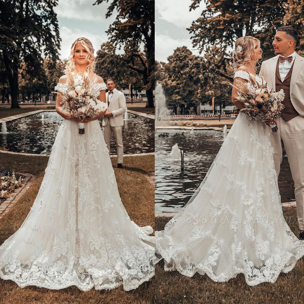 2021 Modern Wedding Dresses Long-Sleeve Lace Tulle A Line Chiffon Chic Bridal Gowns Sweep Train Vestidos De Novia Beach Wedding Dress