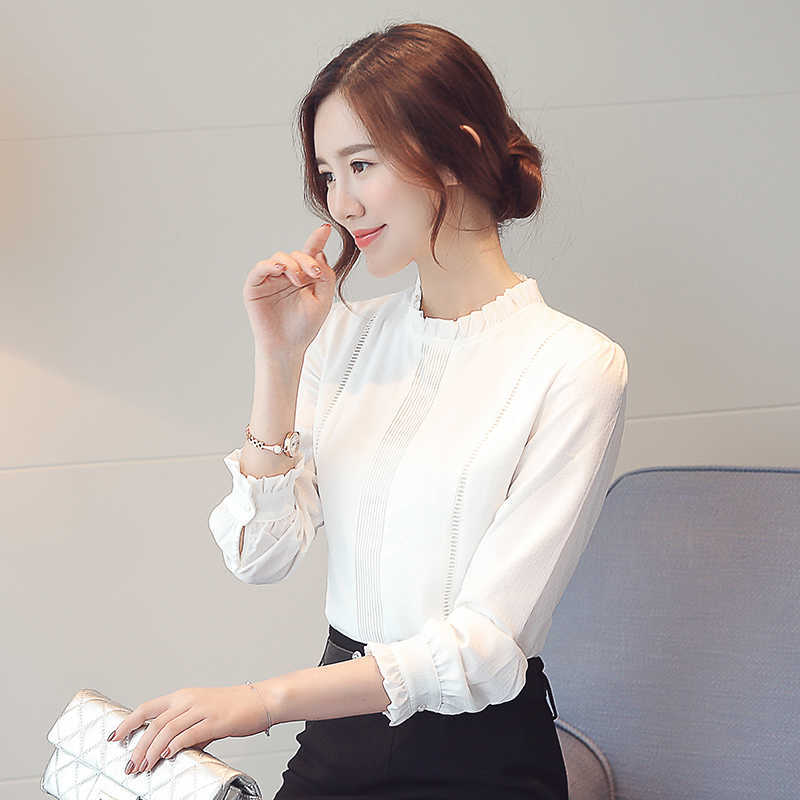 Korean Fashion Women Chiffon Shirt Woman Long Sleeve Blouse s Office Lady Hollow Out White Top Plus Size s 210531