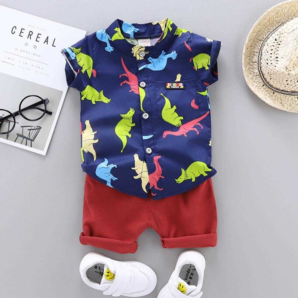 0-2 Years Summer Boys Clothing Set Fashion Baby Kids Dinosaur Shirt and Short Sleeve Suit Infant Clothes Newborn Baby Short Sets G1023