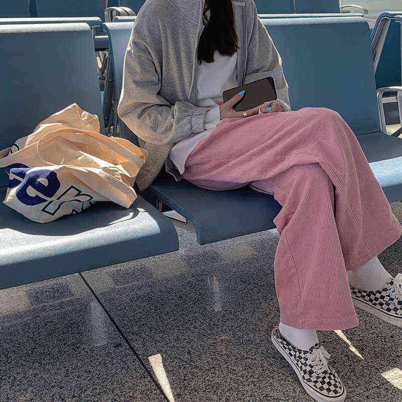 Spring Women's Casual Loose Corduroy Wide Leg Pants Fashion Full Length Trousers With Sashes Female Bottoms B01308O 211124Z