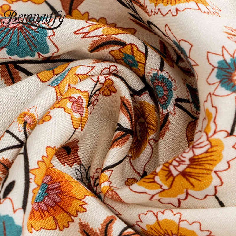 V-neck Button Front Loose Bohemian Short Dresses Summer Women Vacation Casual Boho Floral Print 3/4 Sleeve Dress 210510