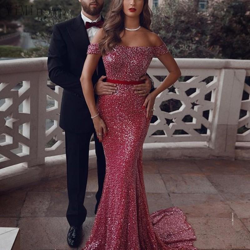 Evening Red Mermaid Dresses Sparkly Sequins Ribbon Off The Shoulder Sweep Train Custom Made Plus Size Dubai Arabic Prom Party Gown Vestidos