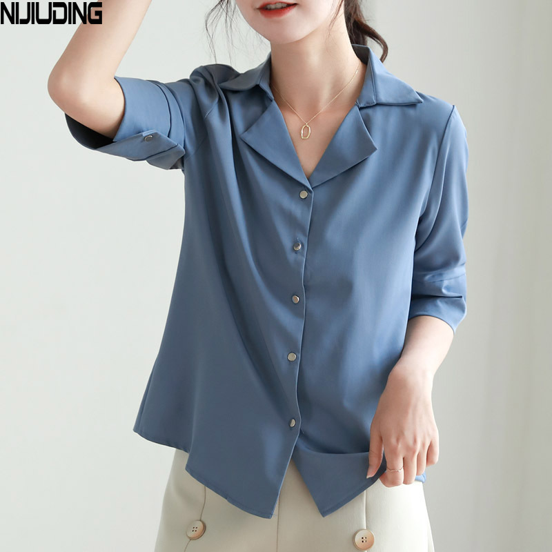 Casual Simple Shirt Blouse Turn-down Collar Single-breasted Short Sleeve Basic Color Women's Shirts Summer Tops 210514
