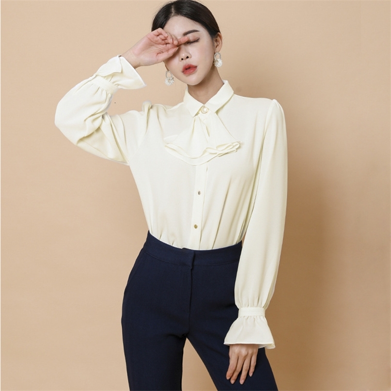 Women' Shirt Spring Autumn Apricot Blouse Turn Down Collar Bow Long Flare Sleeve Buttons Casual Office Lady 210603
Women' Shirt Spring Autumn Apricot Blouse Turn Down Collar Bow Long Flare Sleeve Buttons Casual Office Lady 210603