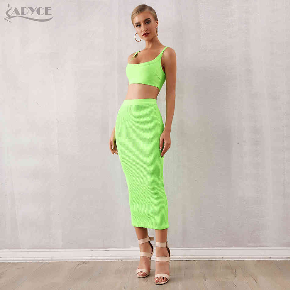 Summer Women Bodycon Bandage Sets 2 Two pieces Set Top Green Strapless Sleeveless Celebrity Evening Party Dresses 210423