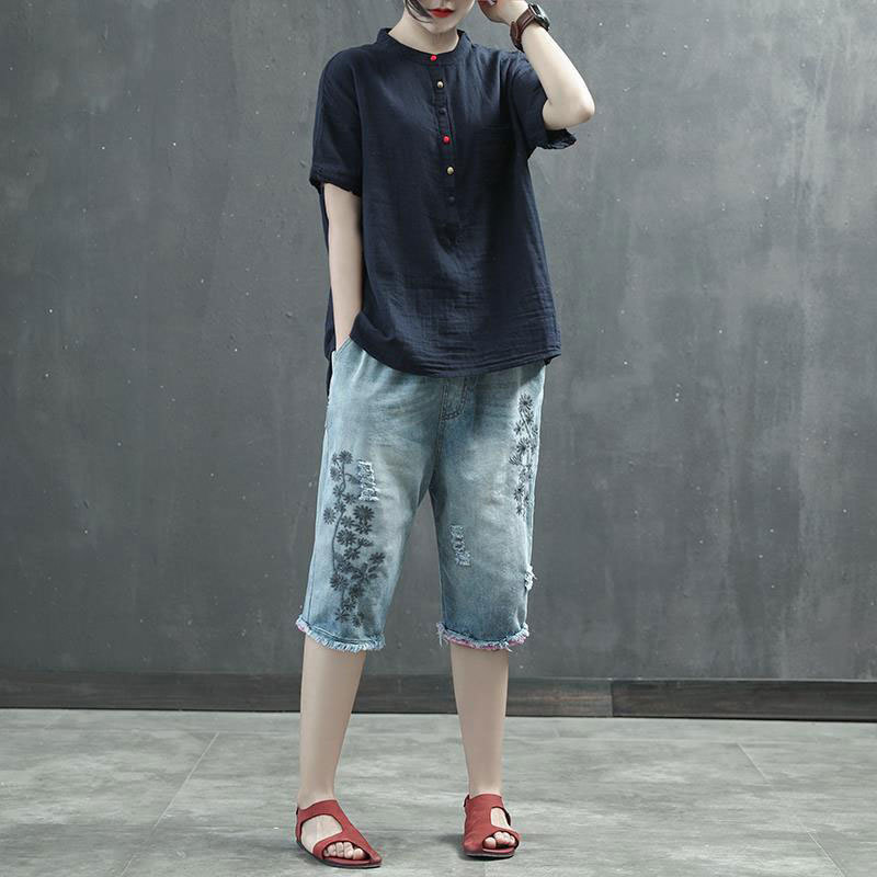 Summer Style Women Shirt Plus Size Short Sleeve Loose Casual Ladies Tops stand collar Button vintage cotton linen Blouse D140 210512