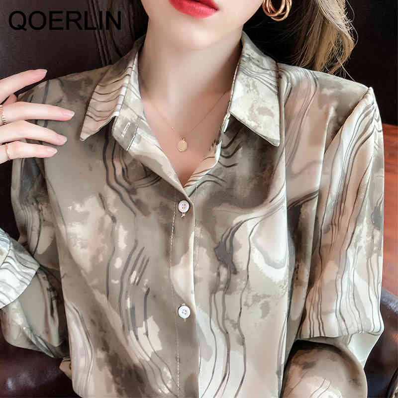 QOELRIN Vintage Ink Print Button Blouses Women Single Breasted Casual Chiffon Top Spring Korean Fashion Elegant Shirts 210412