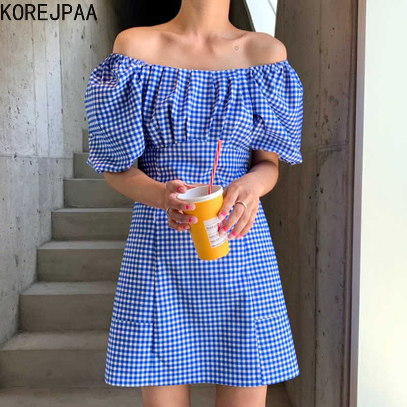 Korejpaa Women Dress Summer Korean Chic Temperament One-Word Collar Leaky Shoulder Two-Wear Puff Sleeve Plaid Vestidos 210526, Blue
Korejpaa Women Dress Summer Korean Chic Temperament One-Word Collar Leaky Shoulder Two-Wear Puff Sleeve Plaid Vestidos 210526, Blue