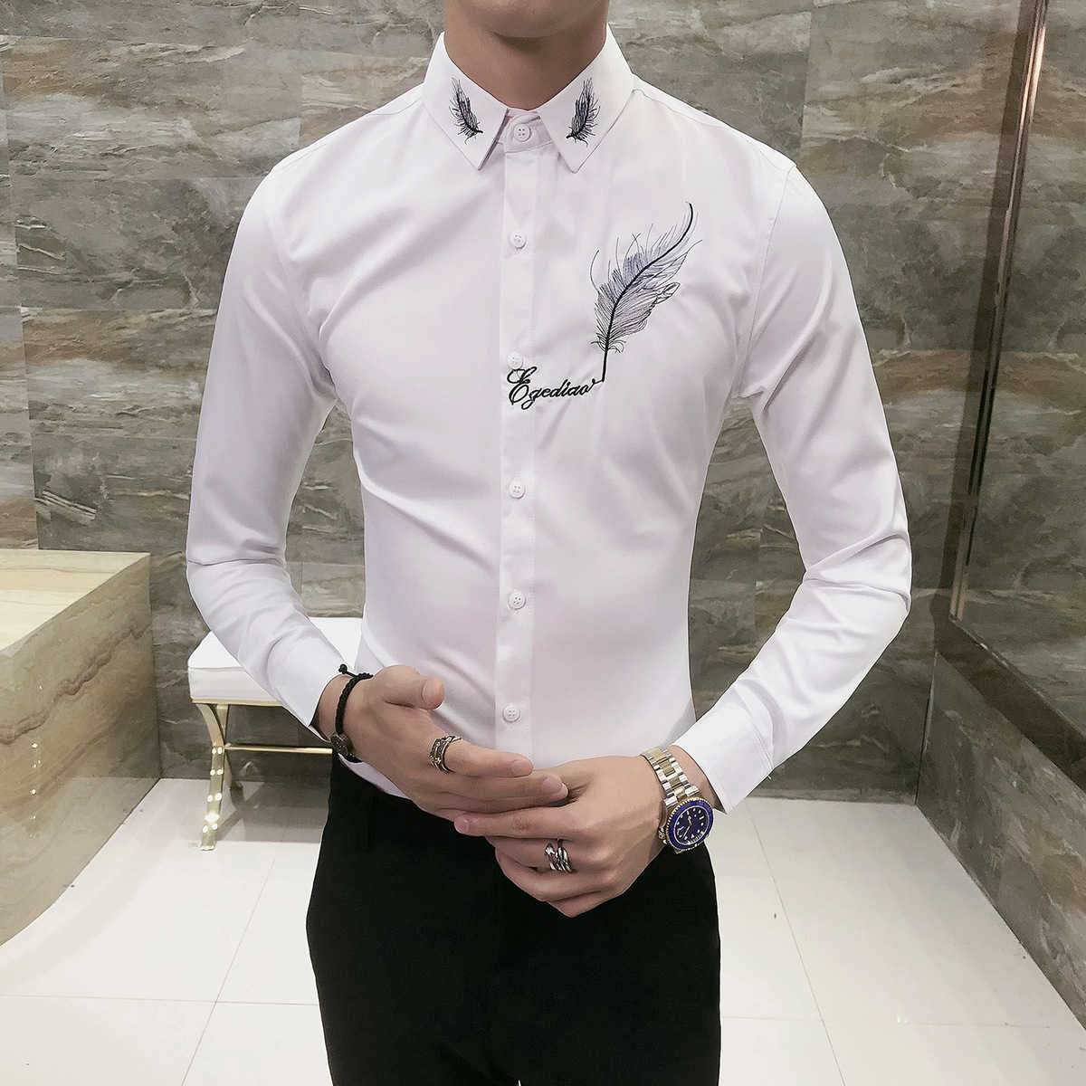 Fashion Shirt Men Party Mens Dress Shirts Long Sleeve Camisa Social Masculina Men Black White Embroidery Club Shirts 210527
