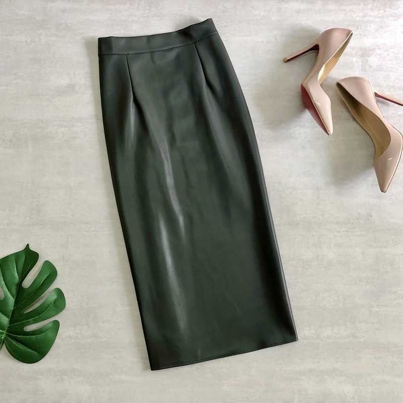 Neophil 74cm Women's Winter Pu Leather Midi Skirts Pencil Bodycon Elegant Office Ladies High Waist Faux Stretch Sexy Skirt S9902 210619
