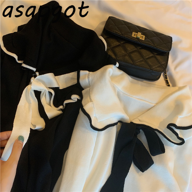 Autumn Gentle White Ruffles Contrast Color Bow Collar Sweaters&Jumpers Flare Sleeve Slim Chic Korean Fashion Black Knitted Top 210429