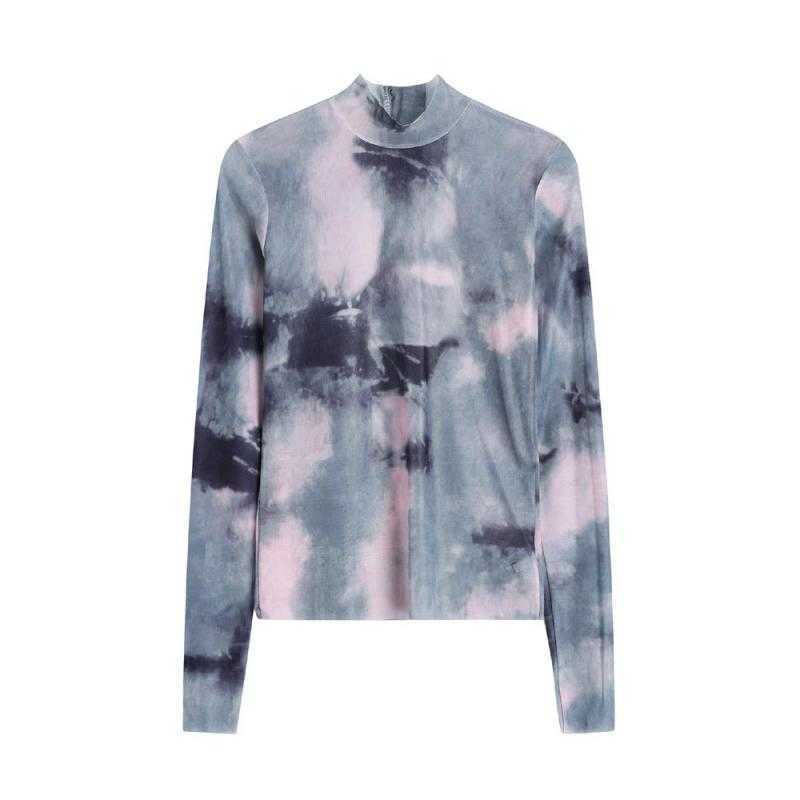 Yedinas Tie Dye E Girl Pink Mesh Top Long Sleeve T Shirt Women Turtleneck Back Zipper See Through Tshirt Y2k Aesthetic Tee 210527