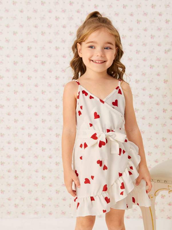 Toddler Girls Heart Print Ruffle Hem Cami Dress SHE R250424