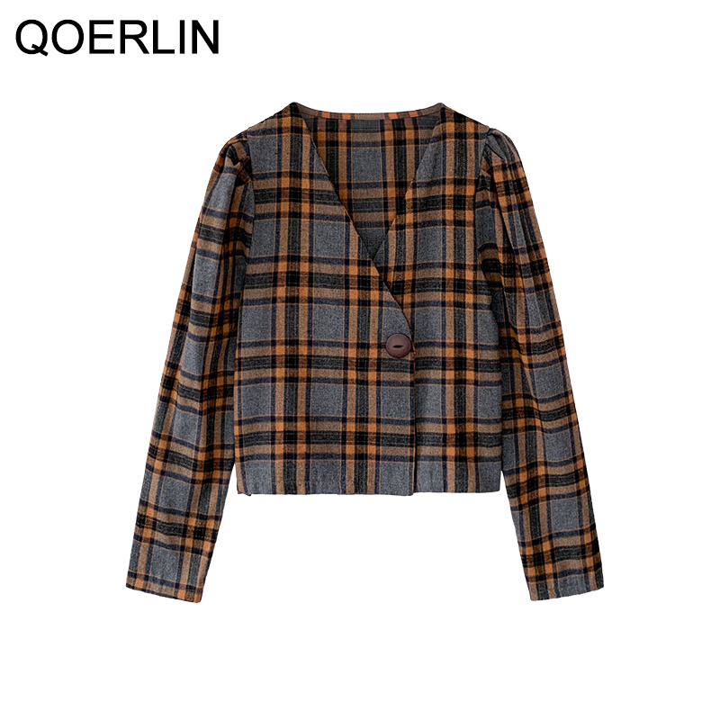 QOERLIN 3XL Womens Elegant Blouse Plus Size Vintage Sexy VNeck Plaid Crop Top Shirts Womens One Button Jacket Shorts Blouse 210412