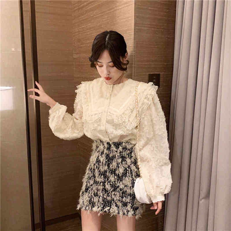 Arrival Autumn Korea Fashion Women Puff Sleeve Lace Shirts All-matched Sweet Cute Hairy Blouse Tops Female Blusas S518 210512