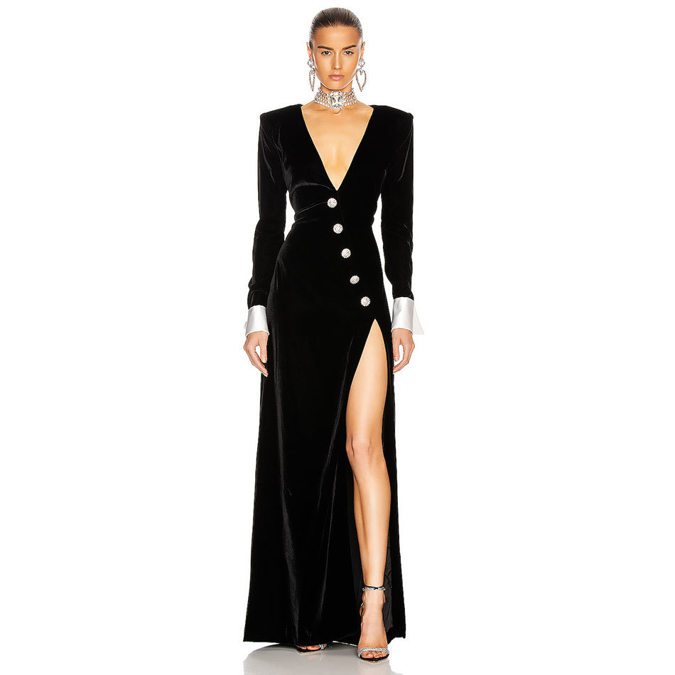 Free Women's Runway Long Dress Black Velvet V-neck Sleeve Bodycon Split Club Evening Party es 210524