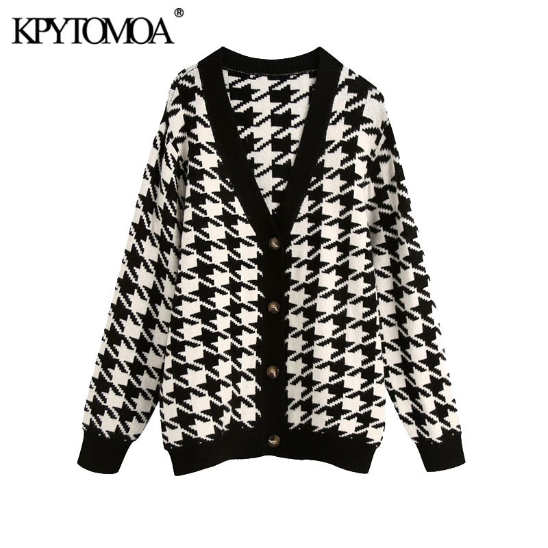 Women Fashion Oversized Houndstooth Knitted Cardigan Sweater V Neck Long Sleeve Female Outerwear Chic Tops 210420