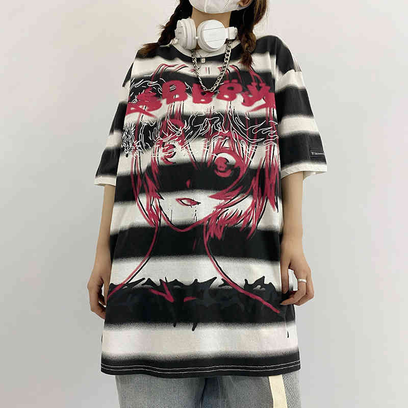 Harajuku Cartoon Print Tops Women's Summer Round Neck Large Size Short Sleeve Striped T-shirt Female 5C309 210427