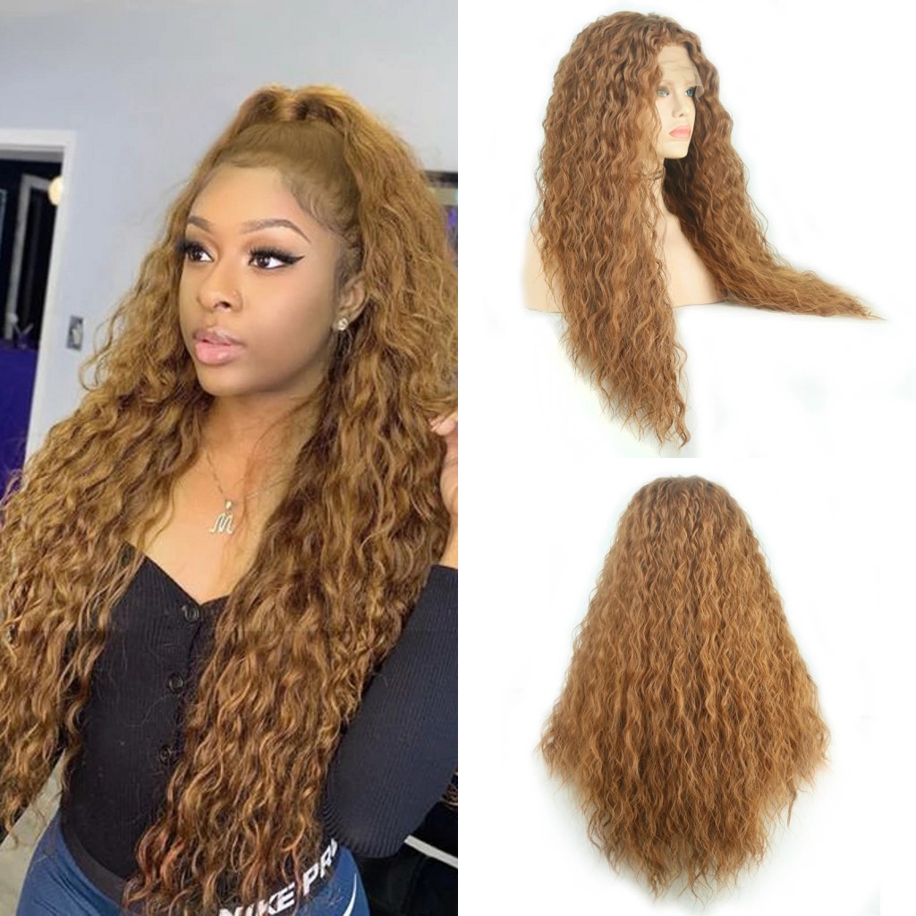 Long Loose Wave Lace Front Simulation Human Hair Synthetic Wigs Pre Plucked Brown Color Curly Wig With Baby Hair For Black Women
