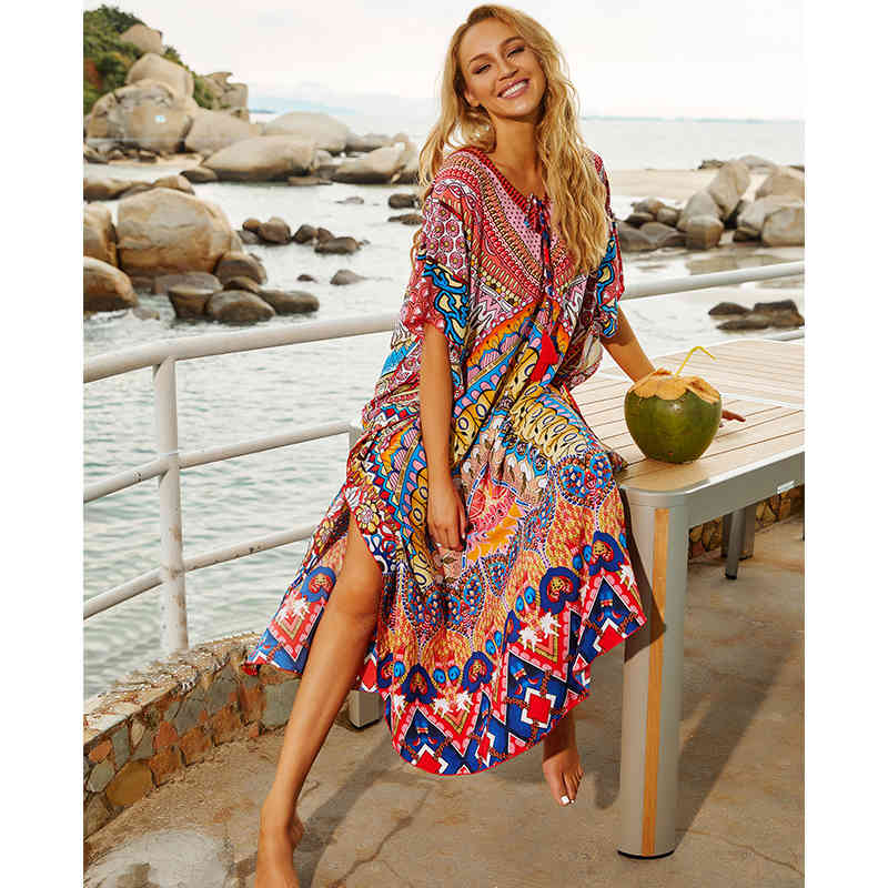 Quick-drying Bikini Cover-ups Bohemian Printed Summer Dress Kaftan Long Red Tunic Women Beach Wear Swim Suit Cover Up Q897 210420