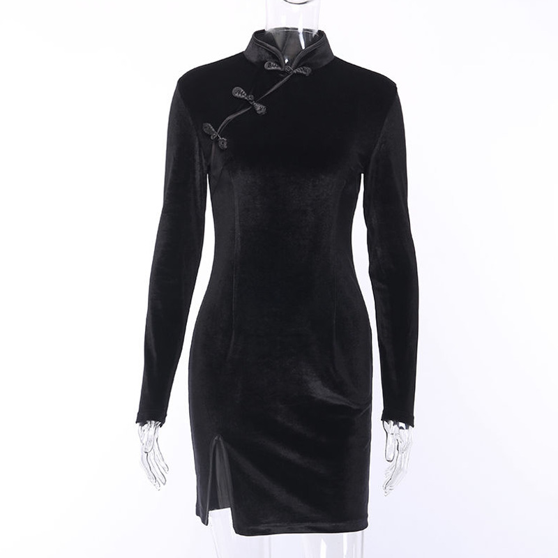 Spring Chinese Style cheongsam Mini Dress Sexy Gothic Long Sleeve Mandarin Collar Sheath Button Black Split Women 210521