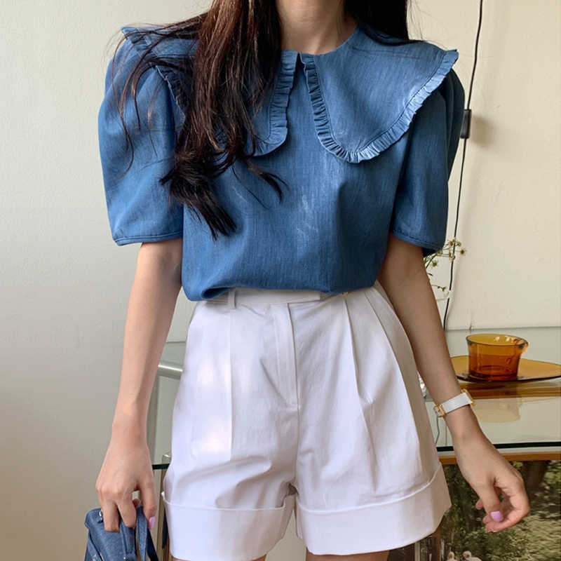 Causal Puff Sleeve Jeans Blouse Sweet Korean Peter Pan Collar Women Shirts Summer Demin Top Blusas 6J265 210603