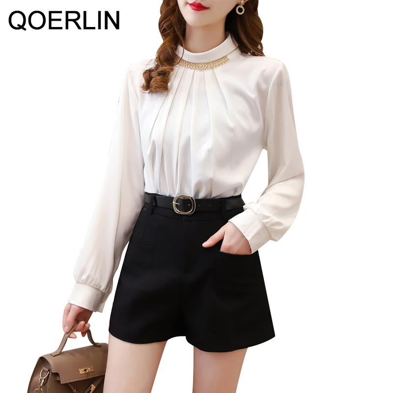 QOERLIN OL Style Ladies Temperament Beaded Solid White Shirt Top Korean Fashion Stand Collar Long Sleeve Workwear Blouse Plus 210412