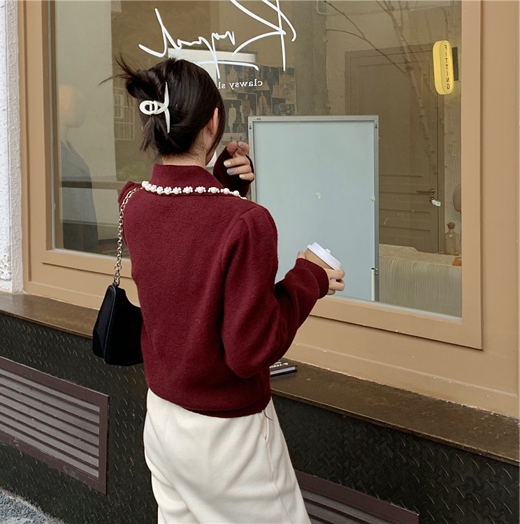 Vintage Sweater Women Sweet Peter Pan Collar Beading Office Lady Korean Fashion Elegant Casual Long Sleeve Chic Knitted Sweaters 210519