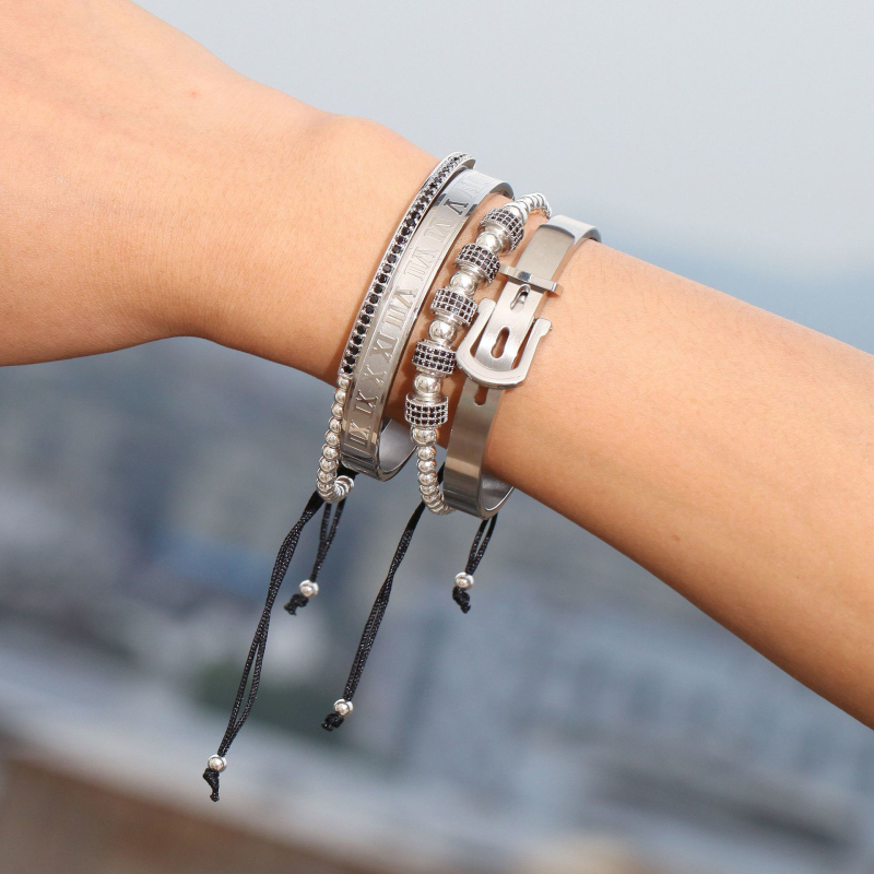 Classic Design Mens Hip Hop Copper Charm CZ Ball Beads Bracelets Roman Numerals Bangle Bracelets Male Jewelry 4PCS/Set