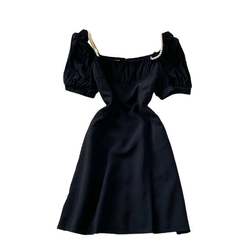 LY VAREY LIN Summer Women Sweet Square Collar Solid Color High Waist Dresses Casual Puff Sleeve Slim A-line Female 210526