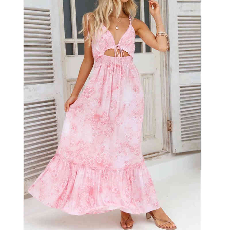 Sweet Pink Floral Print Dress Women Sexy V Neck Sleeveless Sling Holiday Long Female Summer Hollow Out Vestido 210430