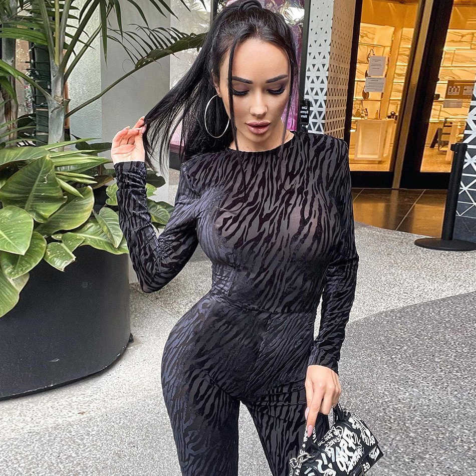 Fashion Black Sexy Long-Sleeved Printed High-Neck See-Through Jumpsuit Elegant Ladies Party Wear Tights 210527