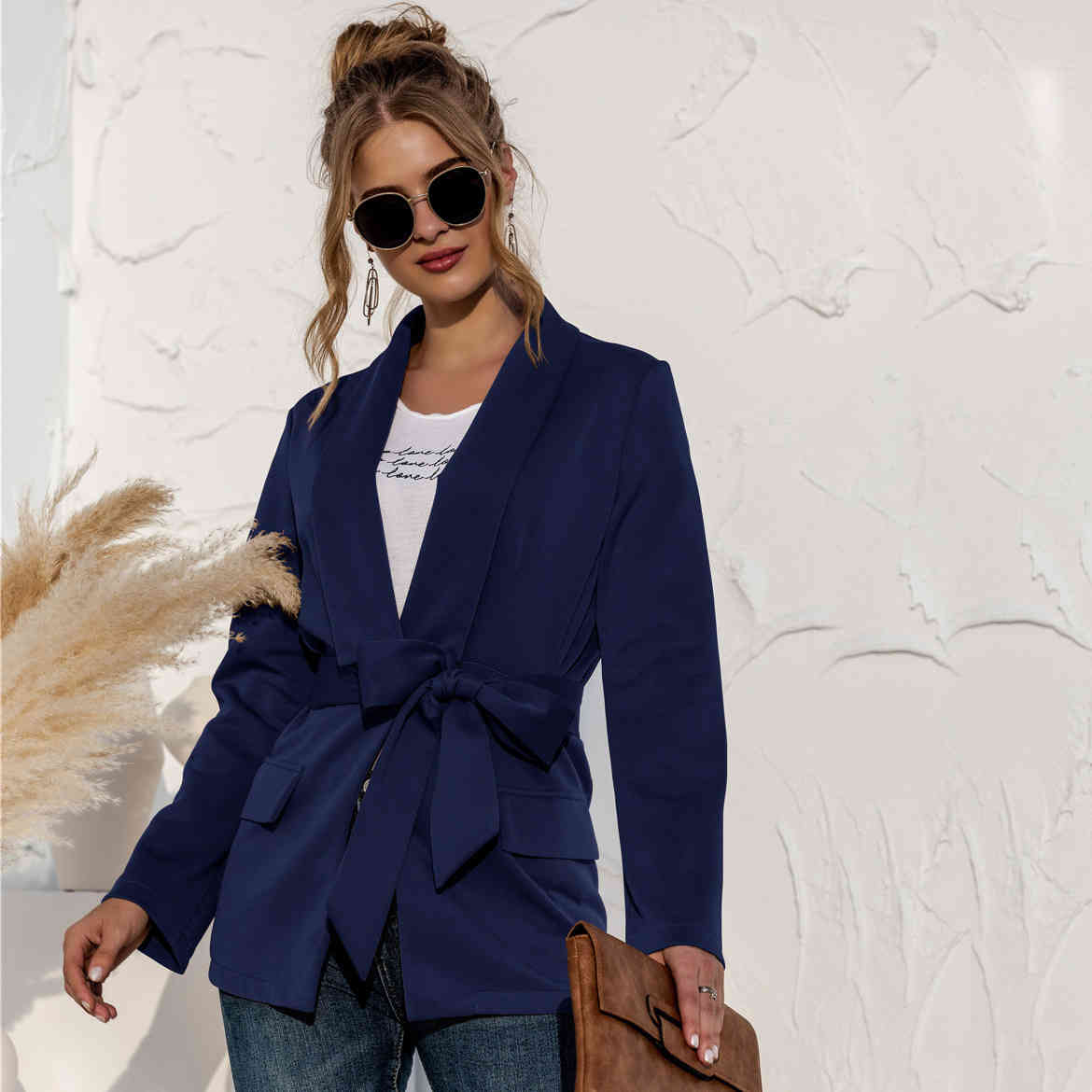 Women blazer jacket fashion Spring V-Neck Standard Lace Solid Pockets Casual Women's Blazer with belt OL female outwear 210524