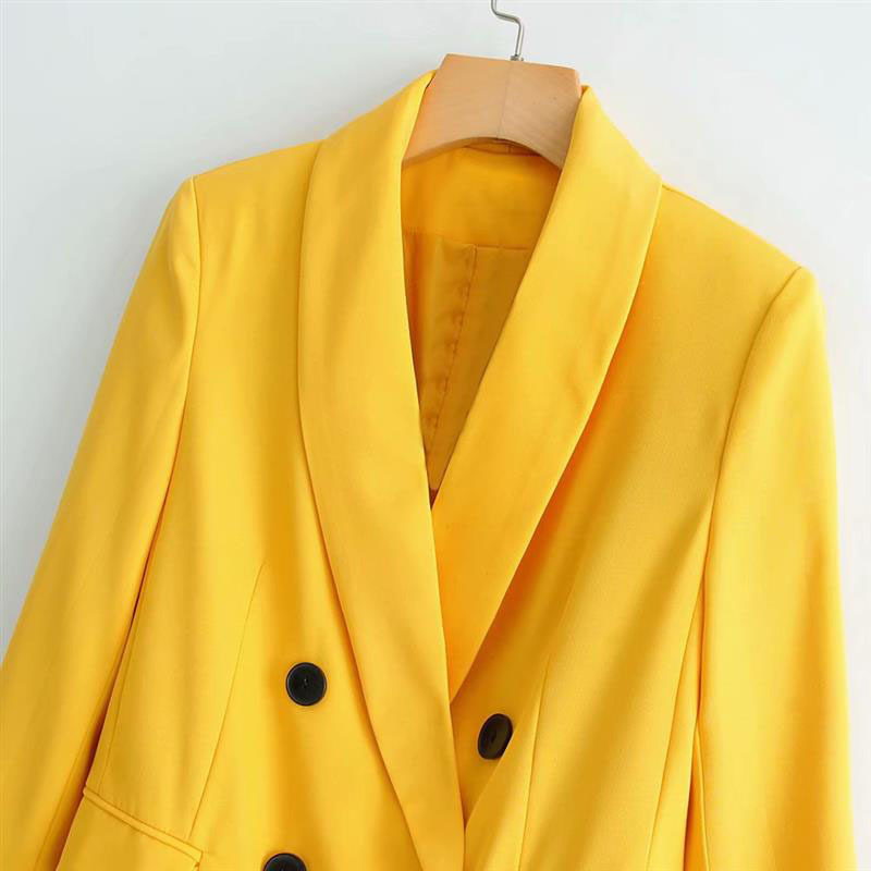 women chic yellow blazer pockets double breasted long sleeve office wear coat solid female casual outerwear tops Candy color 210507