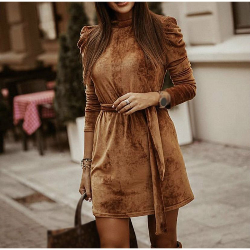 Long Puff Sleeve Velvet Dress Women Autumn Winter Belt Mini Dress Turtleneck Bandage Dresses Streetwear Casual Ladies Vestidos 210521, Khaki
Long Puff Sleeve Velvet Dress Women Autumn Winter Belt Mini Dress Turtleneck Bandage Dresses Streetwear Casual Ladies Vestidos 210521, Khaki