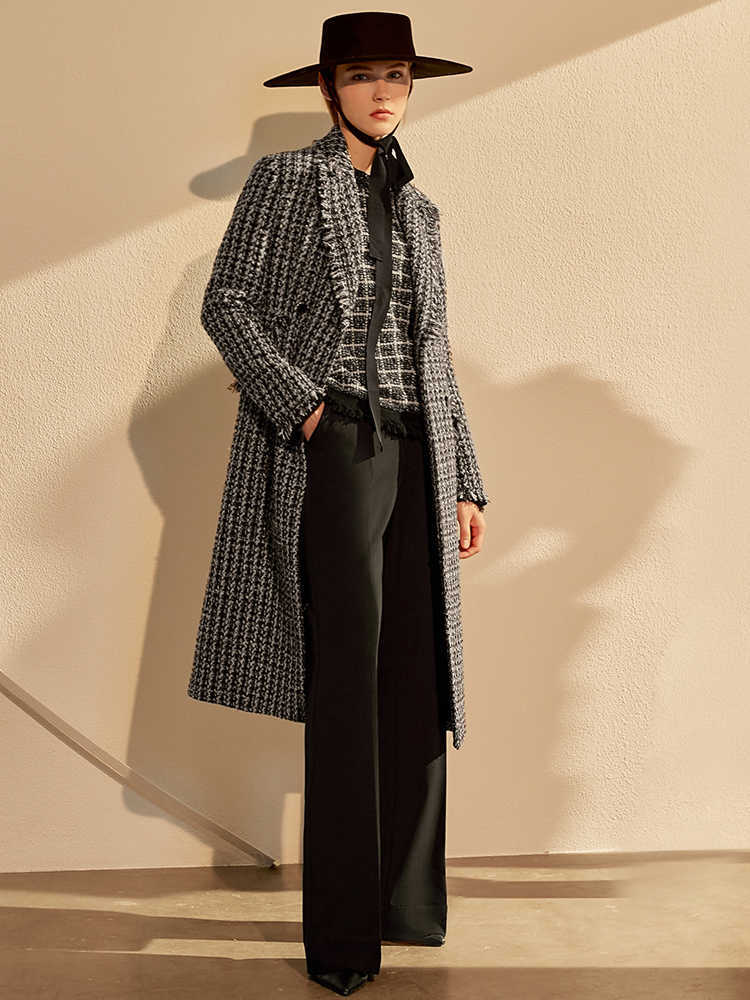 Minimalism Autumn WInter Temperament Women's Jacket Fashion OLstyle Lapel Plaid Calf-length Coat Female 12070583 210527