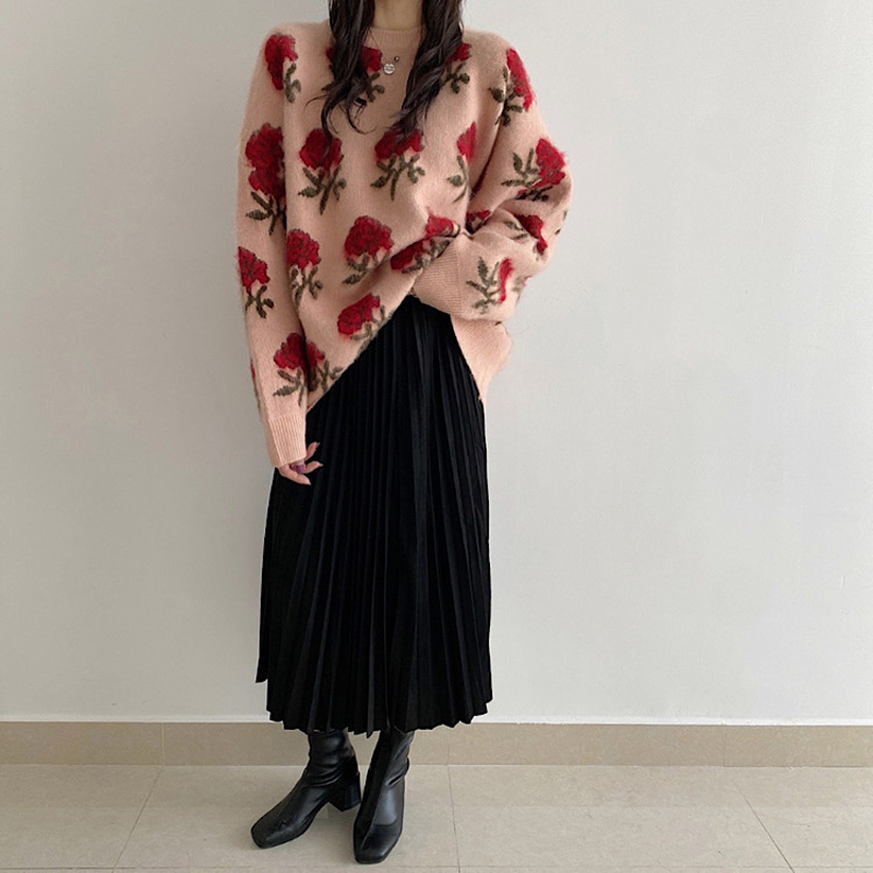 Comelsexy Knit Autumn Winter Vintage Pullover Flower Embroidery Casual Loose Sweater O-Neck Outwear Tops 210515