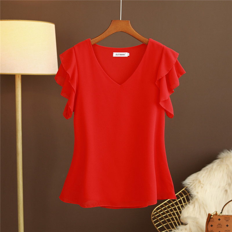 Chiffon Blouses Women Solid Ruffles V Neck Blusas Mujer All Match Casual Summer Tops M-6XL Shirts 16982 210415