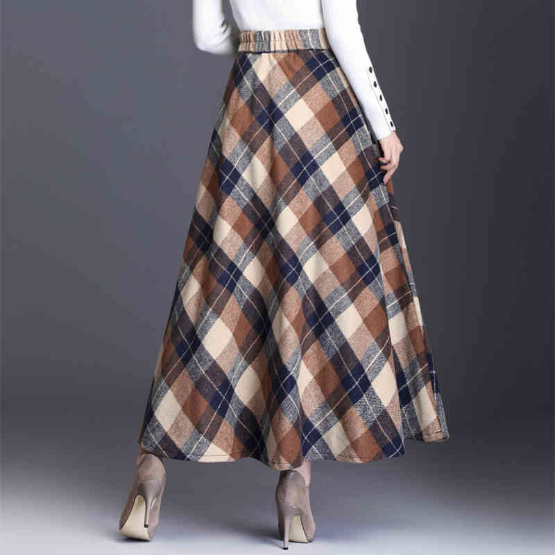 Skirt Womens Autumn Winter Plus Size3XL Elegant Korean Style Fashion Plaid Tall Waist Long Clothing Thickening 210428