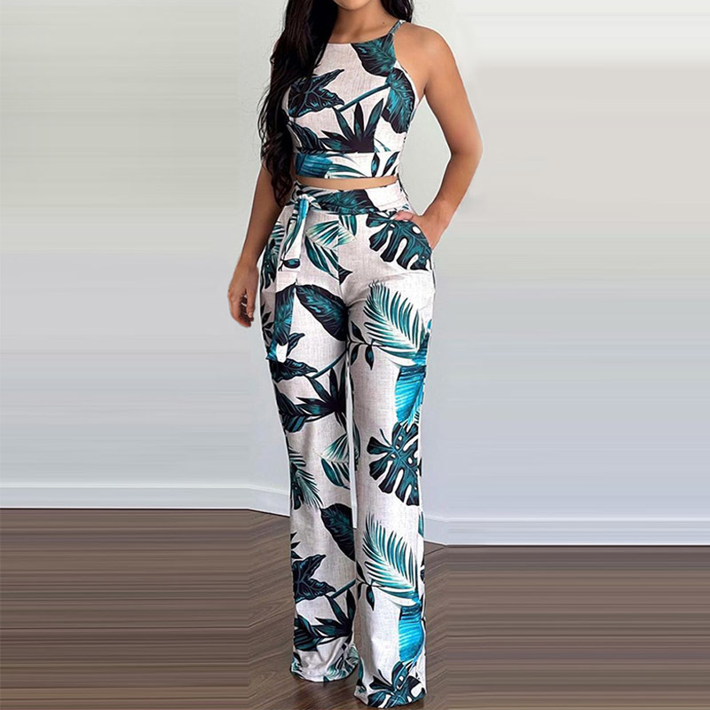 summer Palm Leaf Printed Sexy Sling Top & long pant with Belt women 2 peice set S-XL 210521